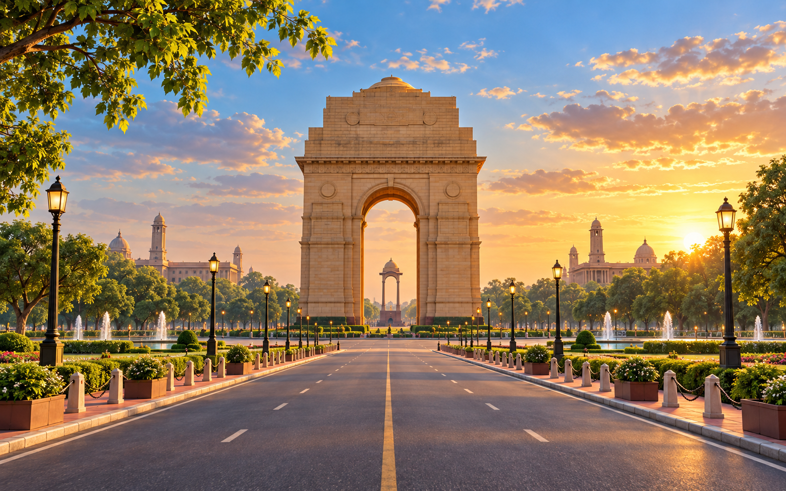 India Gate and landscaped boulevard in Delhi