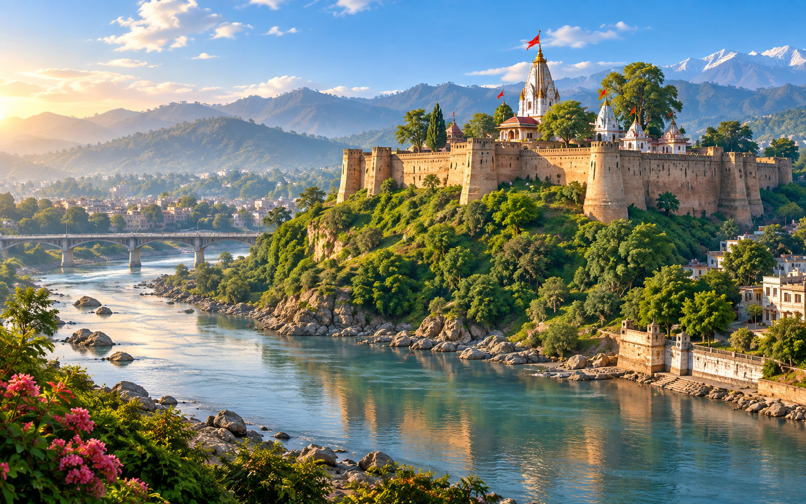 Fort, temples and river landscape in Jammu
