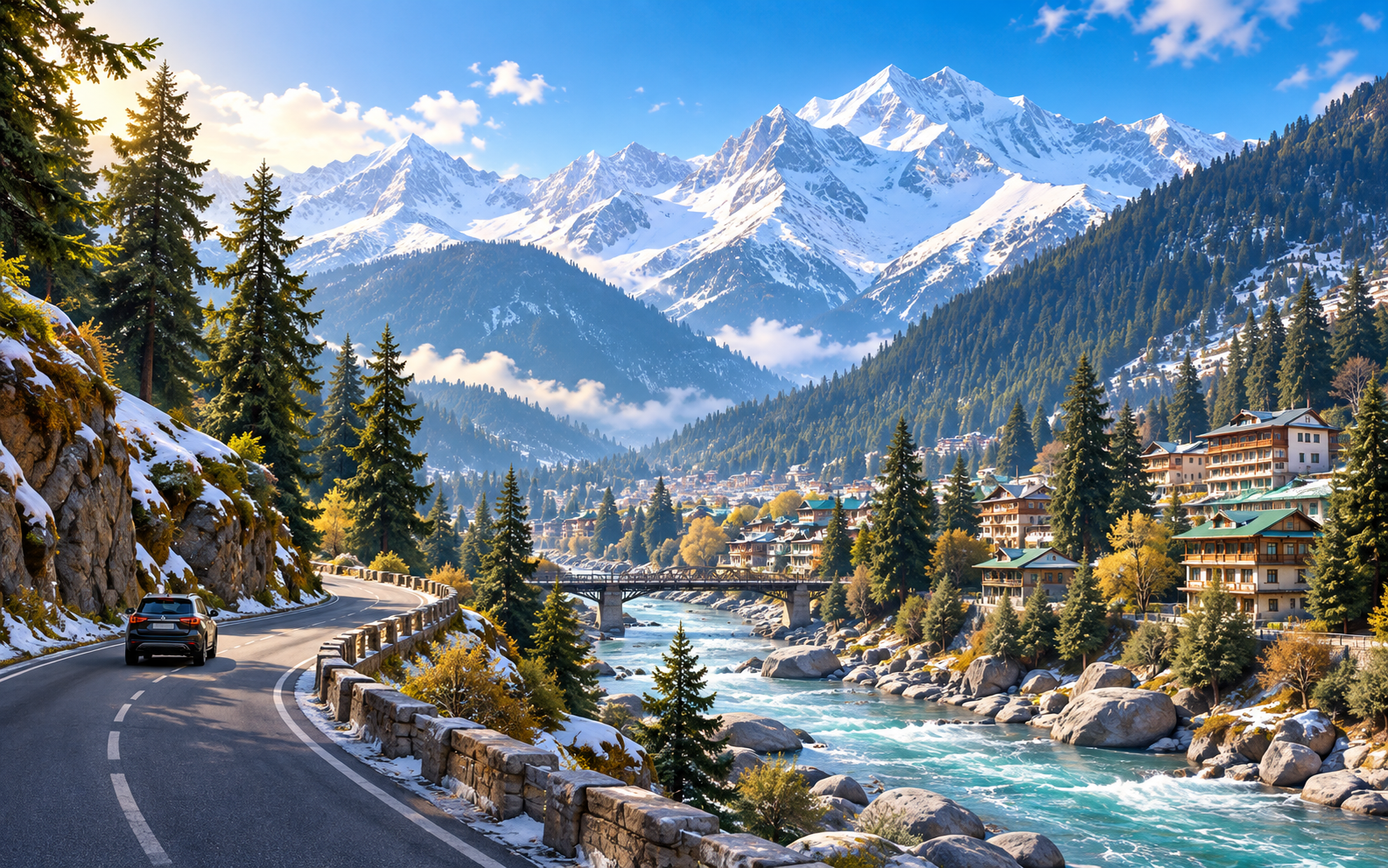 Snowy mountains, river and scenic road in Manali