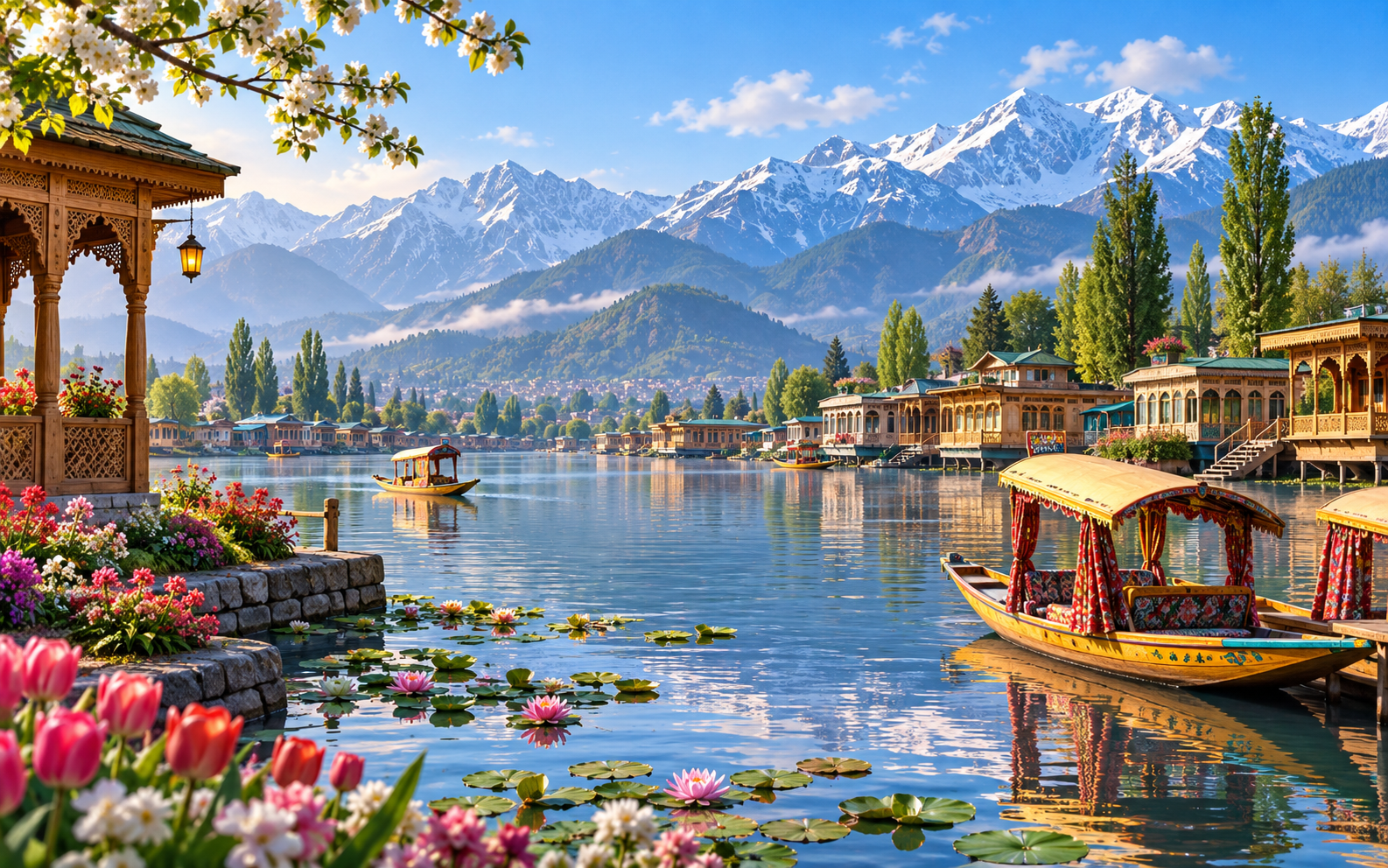 Shikara boats and mountains at Dal Lake in Srinagar